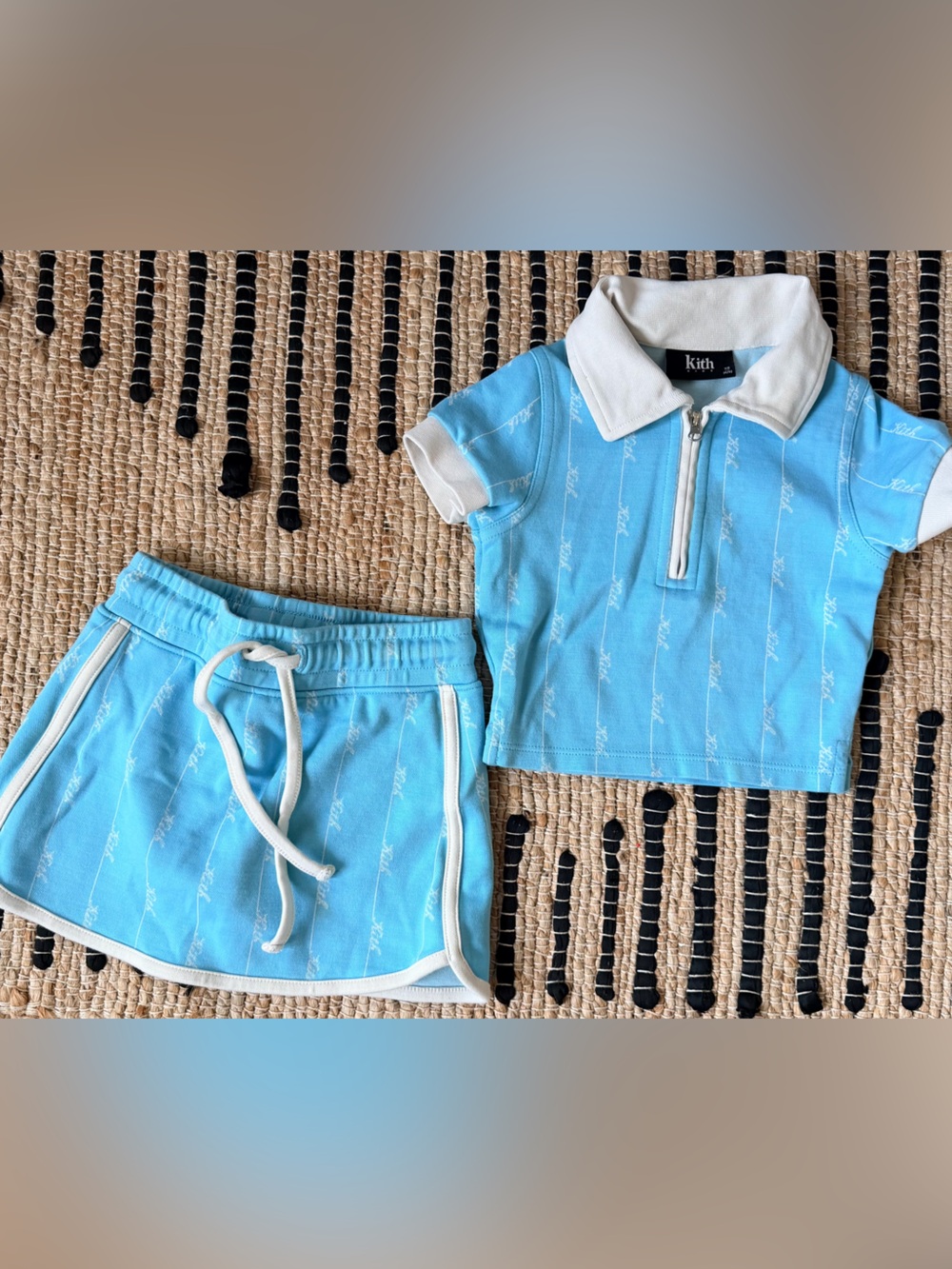 Kith Kids Sky Blue Polo Crop Top & Skirt Set with White Trim